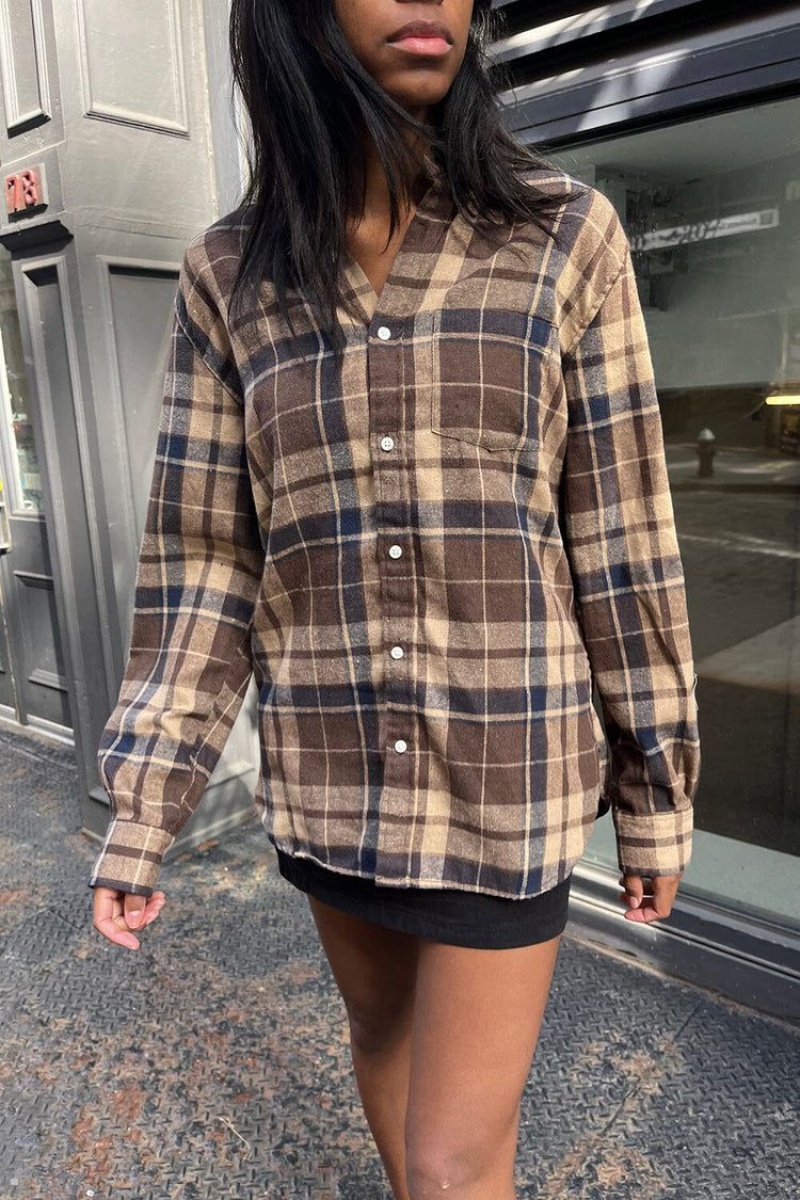 Hauts Brandy Melville Hazel Flannel Marron Bleu Marine | FGZ-76531440